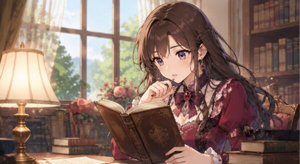 書斎で本を読みながら漫画の通常版と分冊版を比較する日本人女性のアニメ画像