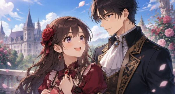 城の庭園で王子風の男性に見守られる悪役令嬢風の日本人女性を描いたアニメ画像
