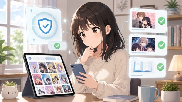 正規電子書籍サービスで安全に漫画を読む女性のイメージ