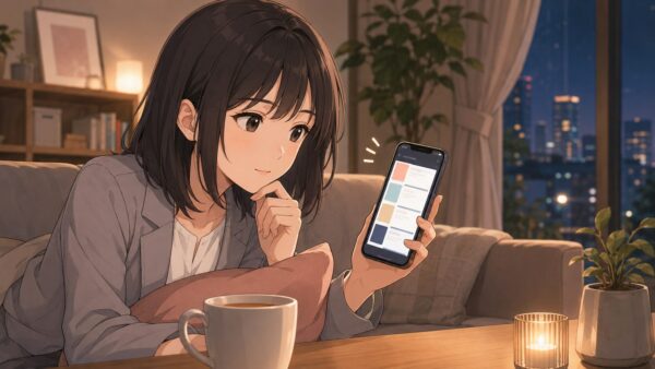 夜の部屋でスマホを見ながら『サレ妻の復讐~魔性の刺青~』をどこで読めるか調べる日本人女性
