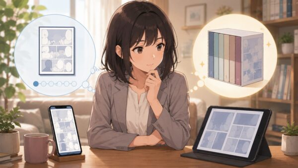 スマホとタブレットで漫画の単話版と単行本版の違いを比較する日本人女性