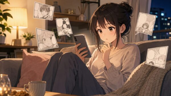 夜の部屋でスマホを見ながら『サレ妻の復讐～魔性の刺青～』の無料読み情報を確認する女性