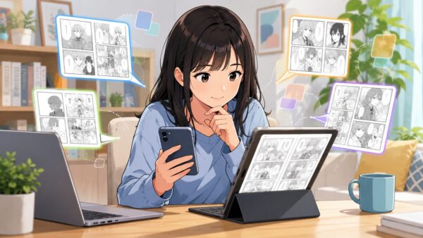 スマホやタブレットで漫画の無料立読みや正規サービスの無料範囲を比較する女性