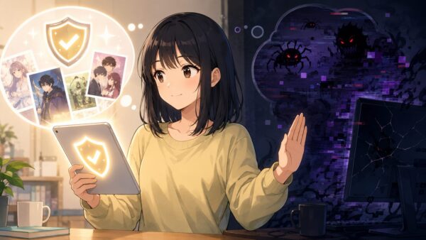 違法サイトの危険を避けて正規の電子書籍サービスを選ぶ女性と安全マークのイメージ