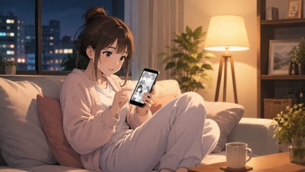 夜のリビングでスマホ漫画を読む日本人女性が、正規サービスで安全に読める場所を探している様子