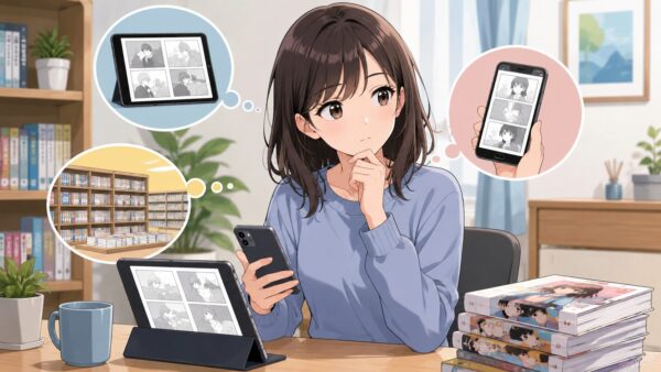 スマホやタブレット、単行本を前にして漫画の配信形式を比較する日本人女性