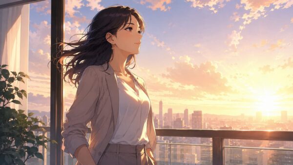 朝日の差す窓辺で前を向く日本人女性が裏切りから立ち直る決意をしている様子