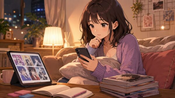 夜の部屋でスマホを見ながら漫画を読む日本人女性。コミックシーモアで不倫サレ妻、復讐しますを探す読者イメージ