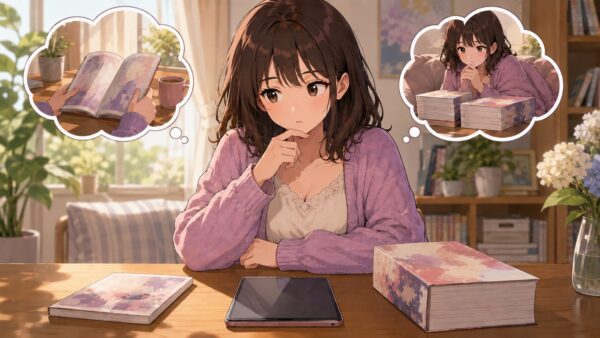 分冊版と単行本版の読み方を迷う日本人女性。漫画を少しずつ読むか一気読みするか比較するイメージ