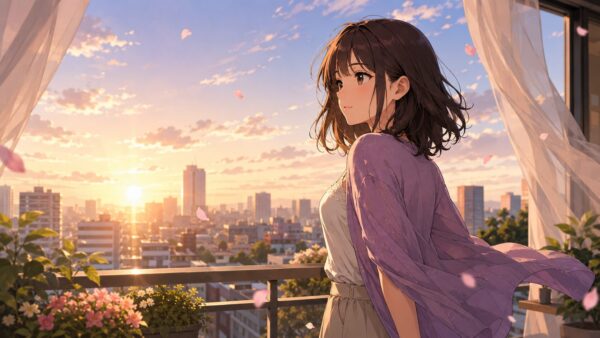 朝日の差すバルコニーで前を向く日本人女性。不倫復讐漫画の主人公が人生を取り戻す希望のイメージ
