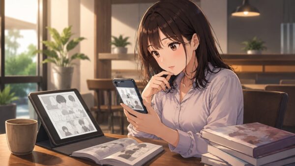 スマホとタブレットで漫画の配信形式を比較する女性のアニメ画像