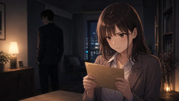 夫への復讐を決意する女性と謎の封筒を描いたアニメ画像