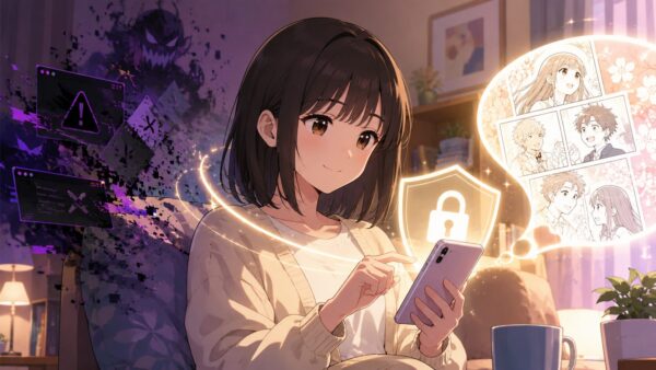 違法サイトを避けてコミックシーモアなど正規サービスで安全に漫画を読む女性