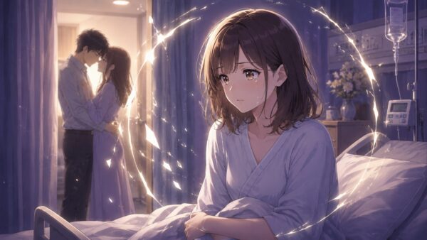 病室で夫と親友の裏切りを知り涙する日本人女性。リベンジ婚の死に戻り復讐を表したイメージ