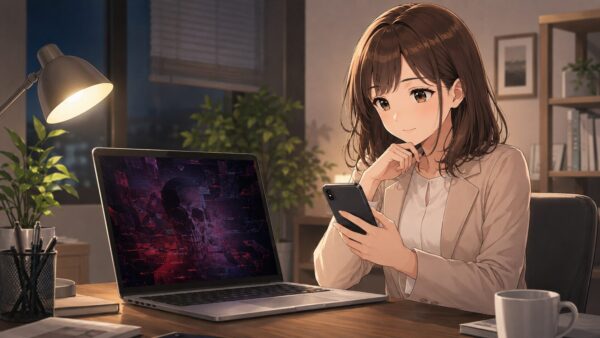 不審な画面のパソコンを避け、スマホで安全に漫画を読む日本人女性のイメージ