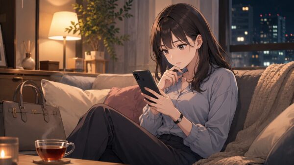 仕事終わりにスマホで『復讐のサレ妻』の漫画を読む日本人女性のアニメ風イラスト