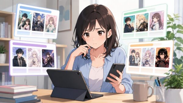 コミックシーモアなど複数の電子書籍サービスで『復讐のサレ妻』を探す女性のアニメ風イラスト