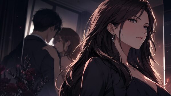 夫の不倫に立ち向かうサレ妻の復讐劇を表現したシリアスなアニメ風イラスト