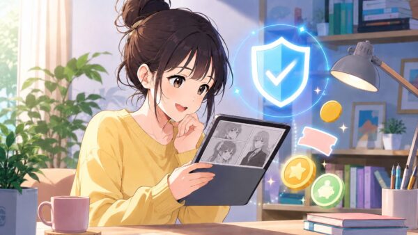 正規電子書籍サービスで安全に漫画を読む日本人女性の明るいアニメ風イラスト
