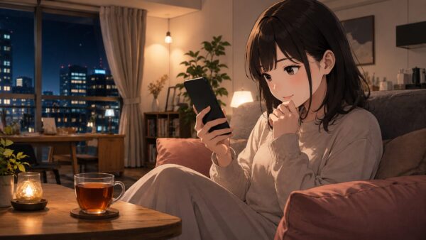 夜の部屋でスマホを見ながら復讐スワップの漫画を読む日本人女性のアニメ風イラスト