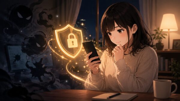復讐スワップを正規電子書籍サービスで安全に読むことを表したスマホと盾のアニメ風イラスト