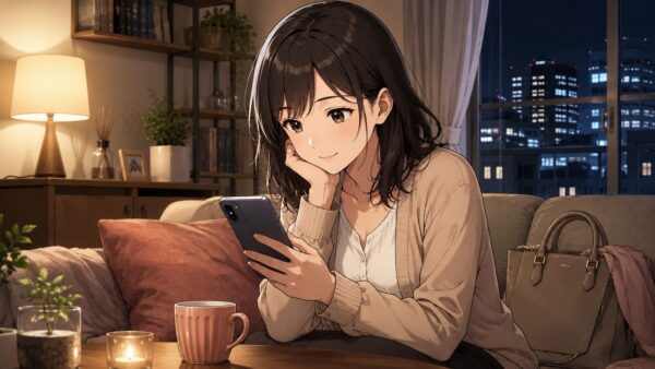 仕事終わりにスマホで嗤うサレ妻の漫画を読む日本人女性
