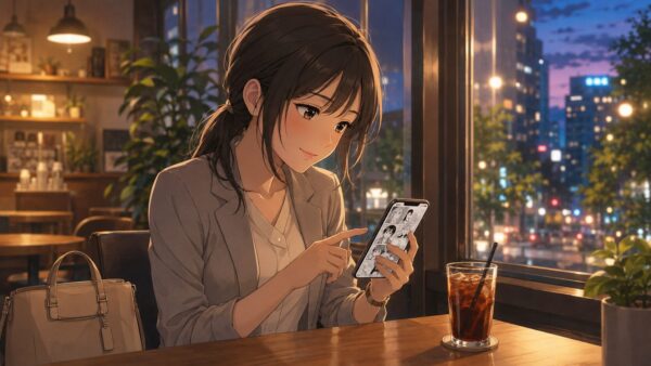 仕事帰りの日本人女性がカフェで復讐漫画をスマホで読む様子
