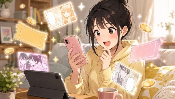 スマホで復讐漫画の無料立ち読みやクーポンを確認する日本人女性