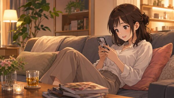 仕事終わりにスマホで義弟悪役令嬢の漫画を読む日本人女性