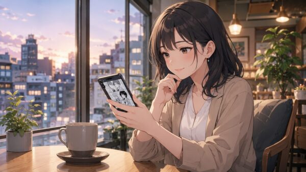 カフェでスマホ漫画を読む日本人女性が悪役令嬢漫画をどこで読めるか調べているイメージ