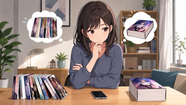 分冊版と完全版を見比べて悪役令嬢漫画の読み方を選ぶ日本人女性のイメージ