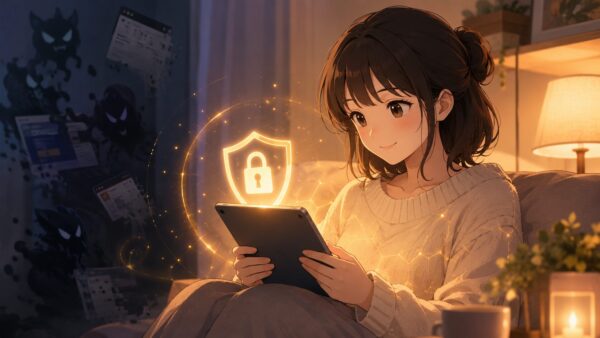 タブレットで正規電子書籍サービスを安全に利用する日本人女性のイメージ