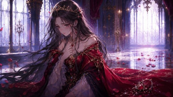 裏切られた悪徳王女の世界観を表す、王宮で悲しむ黒髪の王女のアニメイラスト