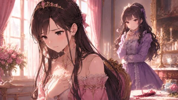 義妹に陥れられて不安そうにする悪役令嬢風の女性