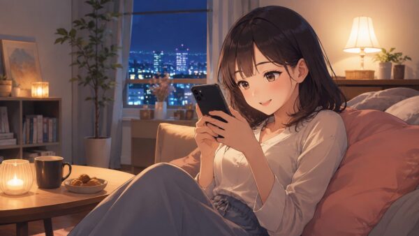 夜の部屋でスマホ漫画を読む日本人女性のアニメイラスト