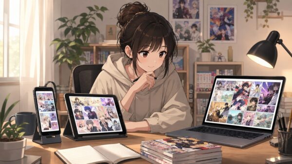 電子書籍サービスを比較して漫画を選ぶ日本人女性のアニメイラスト