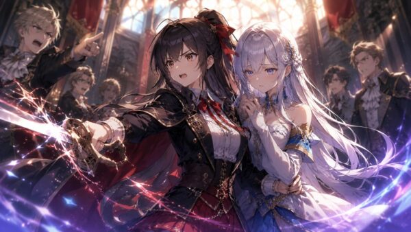 断罪イベントで推しの悪役令嬢を守る女性のアニメイラスト