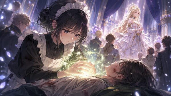 替え玉聖女の本物の力を持つ侍女が、陰で人々を癒やす幻想的なアニメ風イラスト