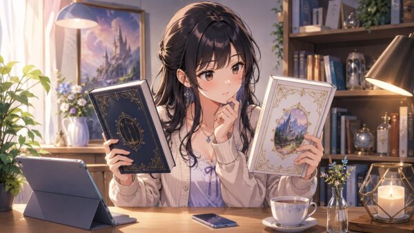 替え玉聖女の単独版とアンソロジー版を比較して選ぶ女性のアニメ風イラスト