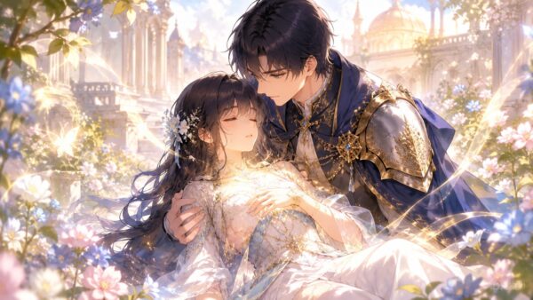 本物の聖女が騎士に支えられながら救われるロマンスファンタジー風イラスト