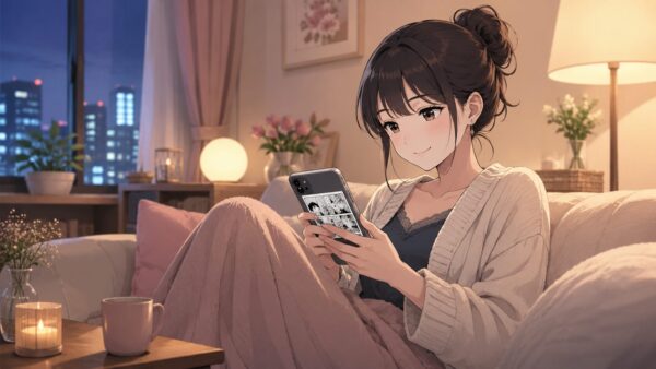 仕事終わりにスマホで悪役令嬢漫画を読む日本人女性のアニメイラスト