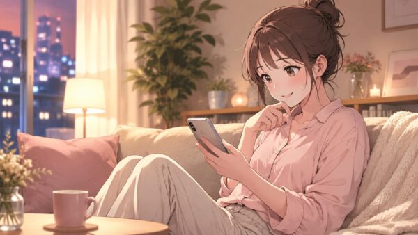 スマホでサレ妻の事情の漫画配信先を確認する日本人女性