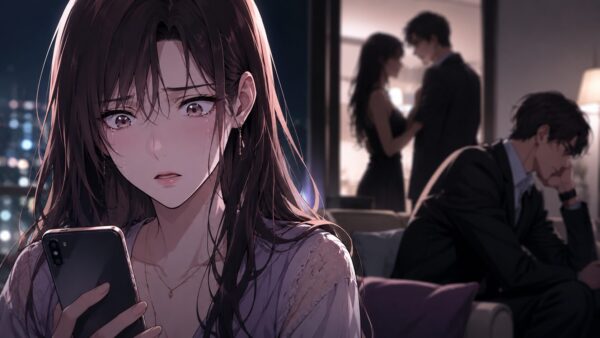 理想の夫の裏切りに気づき涙を浮かべるサレ妻漫画風の女性