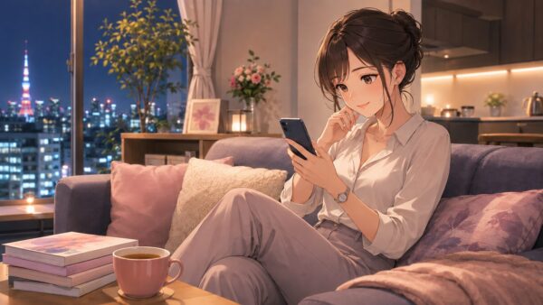仕事終わりにスマホで復讐漫画を読む20代女性のアニメ画像
