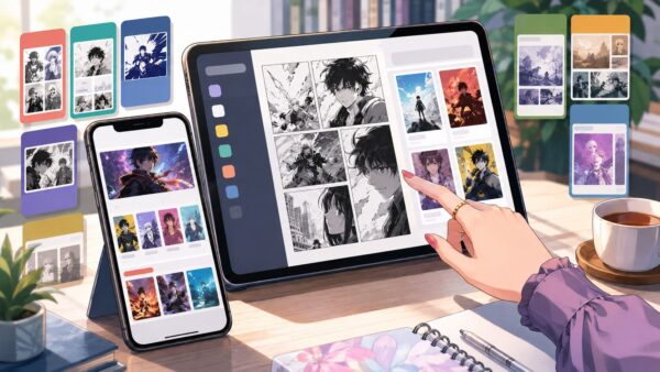 復讐同盟の配信サービスをスマホとタブレットで確認するアニメ画像