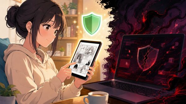 公式サービスで安全に漫画を読む女性と違法サイトの危険性を表すアニメ画像