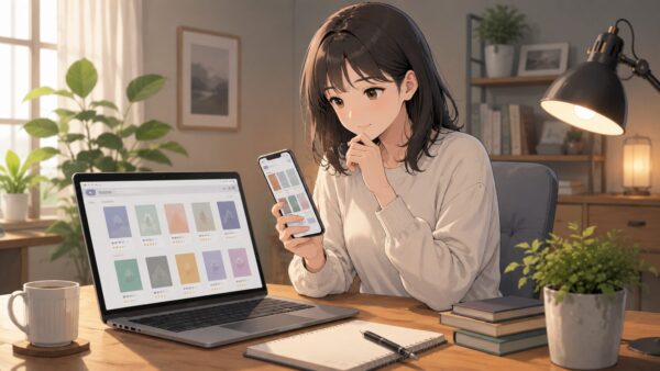 クズ夫に制裁をを読める電子書籍サービスを比較する日本人女性のイラスト