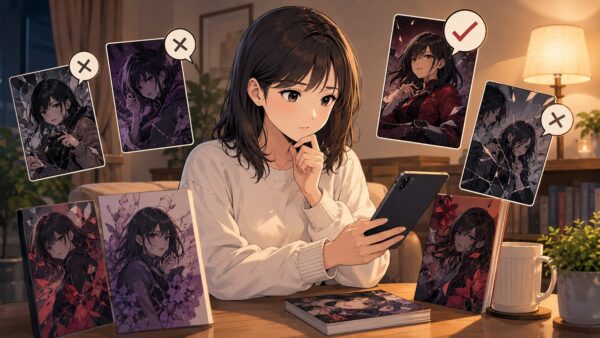 クズ夫に制裁をと似たタイトルの漫画を比較して確認する女性のイラスト