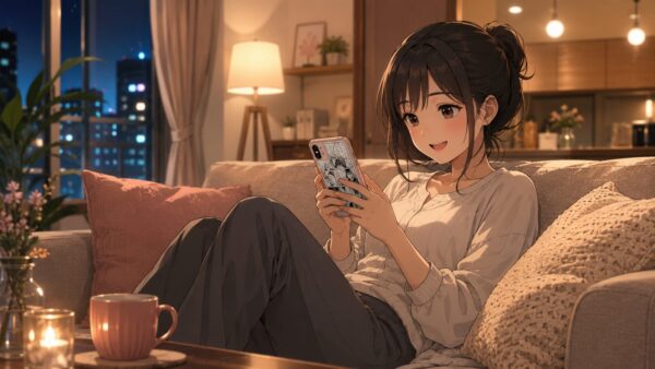 仕事終わりにスマホで悪役令嬢漫画を読む20代女性
