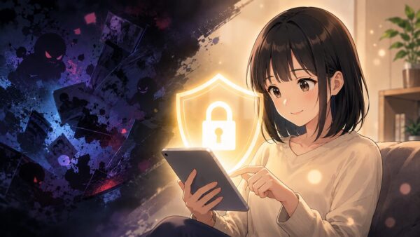 違法サイトを避けて公式サービスで安全に漫画を読む女性